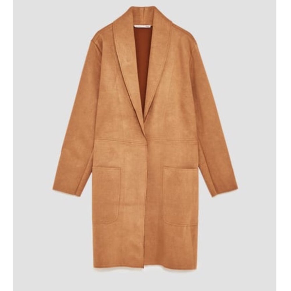 Zara Faux Suede Camel Longline Open Coat, S - Picture 4 of 16